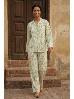 SAY - White Abstract Print Collar Neck Viscose Rayon Night Suit For Women