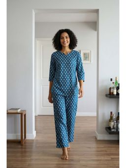SAY - Blue Round Neck Pure Cotton Night Suit For Women