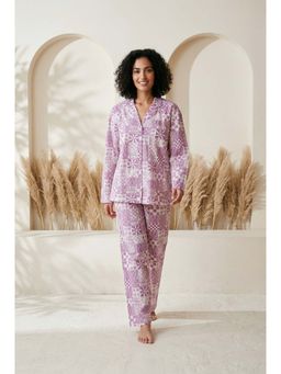 SAY - Purple Abstract Print Lapel Collar Pure Cotton Night Suit For Women