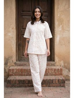 SAY - White Floral Print Collar Neck Pure Cotton Night Suit For Women