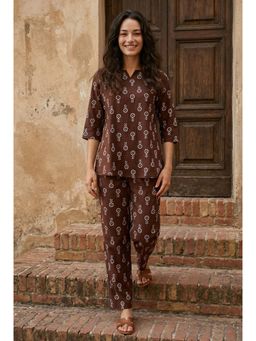 SAY - Brown Ethnic Print Round Neck Viscose Rayon Night Suit For Women