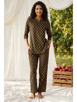 SAY - Olive Ethnic Print Round Neck Viscose Rayon Night Suit For Women