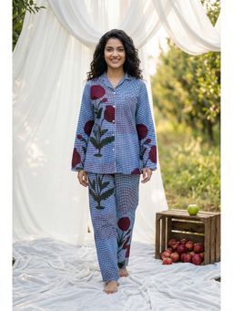 SAY - Blue Checked Collar Pure Cotton Night Suit For Women