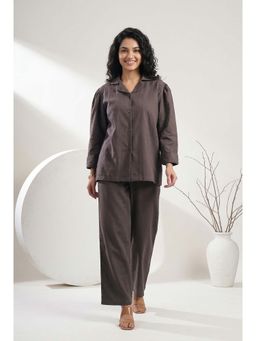 SAY - Grey Solid Lapel Collar Cotton Blend Night Suit For Women