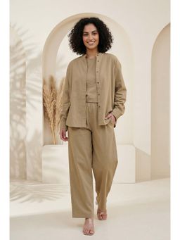 SAY - Beige Solid Mandarin Neck Cotton Blend Night Suit For Women