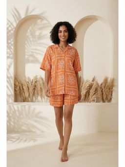 SAY - Orange Printed Collar Neck Viscose Rayon Night Suit For Women