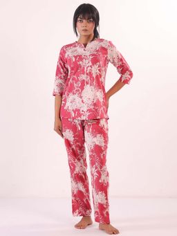 SAY - Pink Tropical Print Round Neck Pure Cotton Night Suit For Women