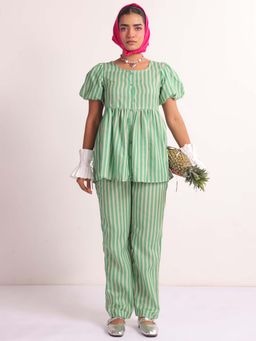 SAY - Green Stripes Print Round Neck Pure Cotton Night Suit For Women