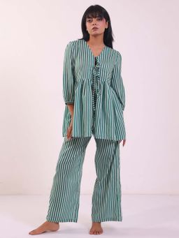 SAY - Green Stripes Print V-Neck Cotton Blend Night Suit For Women