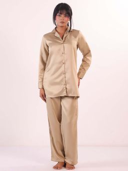 SAY - Beige Solid Notched Lapel Silk Night Suit For Women