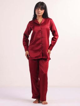 SAY - Maroon Solid Notched Lapel Silk Night Suit For Women