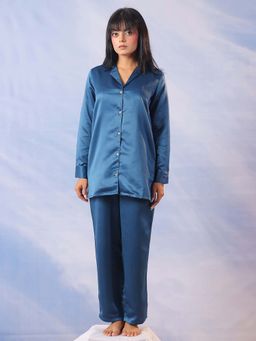 SAY - Blue Solid Notched Lapel Silk Night Suit For Women