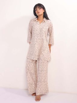 SAY - Cream Geometric Print Shirt Collar Night Suit For Women