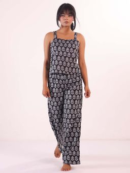 SAY - Black Floral Print Pure Cotton Night Suit For Women