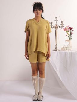 SAY - Yellow Solid V-Neck Pure Cotton Night Suit For Women