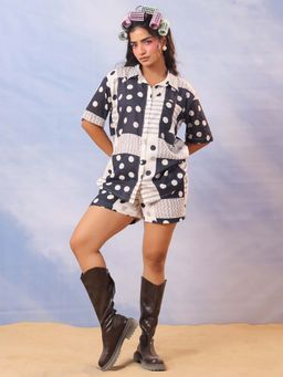 SAY - Black Polka Dots Shirt Collar Cotton Night Suit For Women