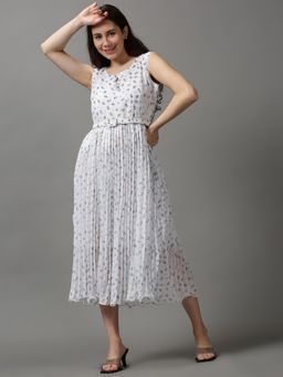 SHOWOFF - Women's Round Neck Embellished White Midi Dress (Set of 2)