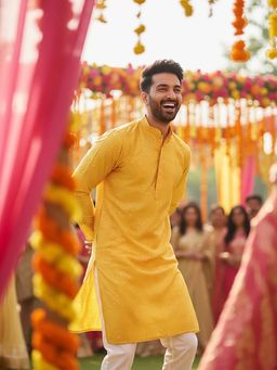 KISAH - Yellow Silk Blend Full Sleeves Kurta with Pant