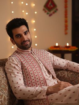 KISAH - Off White Cotton Blend Full Sleeves Kurta With Nehru Jacket & Churidar