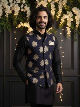 KISAH - Men Printed Bundi - Black Festive Modi Nehru Jacket - Golden Leaf Design