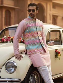 KISAH - Men Nehru Jacket Geometric Printed Pastel Bundi Jacket with Pocket Square