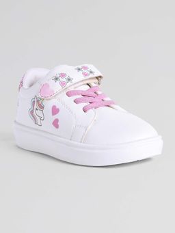 Hopscotch - Girls White Unicorn Motifs Heart Velcro Sneakers