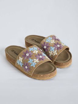Hopscotch - Girls Brown Floral Embroidered Sliders