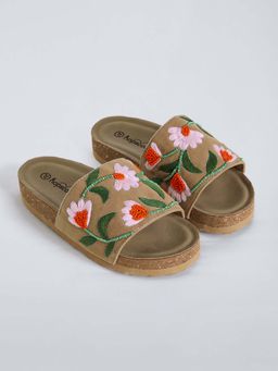 Hopscotch - Girls Brown Floral Embroidered Sliders