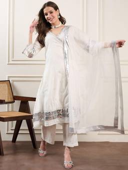 Gahan - White Ethnic Motifs Woven Angrakha Kurta with Pant & Dupatta