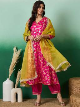 Gahan - Womens Pink Printed Kurta with Salwar & Dupatta
