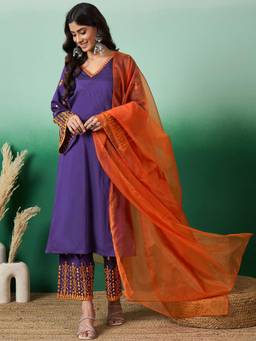 Gahan - Purple Embroidered Straight Kurta with Pant & Dupatta