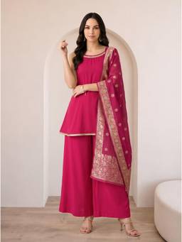 Gahan - Womens Pink Solid Sequined Kurta with Palazzo & Dupatta