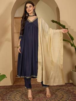 Gahan - Womens Navy Blue Solid Anarkali Kurta with Pant & Dupatta