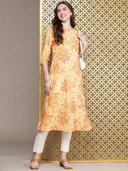 Gahan - Womens Yellow Floral Round Neck Three Fourth Sleeves Kurta