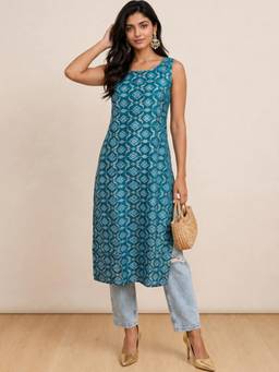 Gahan - Womens Blue Cotton Blend Printed Round Neck Sleeveless Kurta
