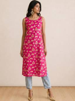 Gahan - Womens Pink Cotton Blend Printed Round Neck Sleeveless Kurta