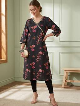 Gahan - Womens Black Cotton Blend Printed V-Neck Three Fourth Sleeves Kurta