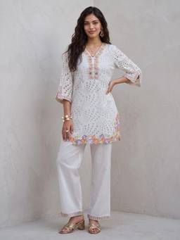 Gajra Gang - Womens White Summer Schiffli Embroidered Kurti with Pant