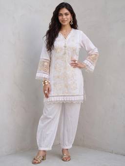 Gajra Gang - Womens White Floral Embroidered Kurta with Salwar