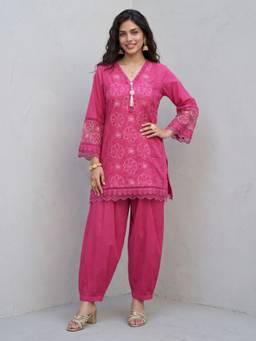 Gajra Gang - Womens Pink Floral Embroidered Kurta with Salwar