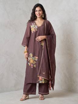 Gajra Gang - Womens Mauve Floral Embroidered Mul Chanderi Straight Kurta with Palazzo & Dupatta