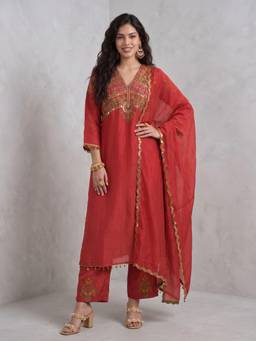 Gajra Gang - Womens Brick Red Heavy Yoke Embroidered Kurta with Pant & Dupatta