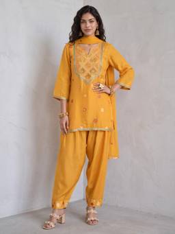 Gajra Gang - Womens Yellow Embellished Habutai Jacquard Kurta with Salwar & Dupatta