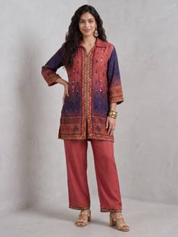 Gajra Gang - Womens Pink Ombre Printed Korean Crepe Shirt Kurta with Pant