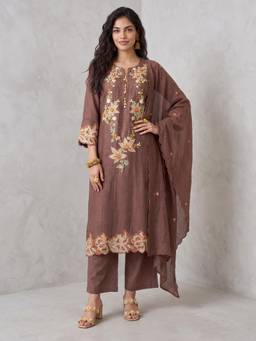 Gajra Gang - Womens Brown Mul Chanderi Embroidered Kurta with Pant & Dupatta