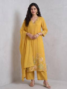 Gajra Gang - Womens Yellow Mul Chanderi Embroidered Straight Kurta with Pant & Dupatta
