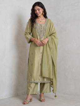 Gajra Gang - Womens Green Organza Tissue Jacquard Heavy Embroidered Kurta with Palazzo & Dupatta
