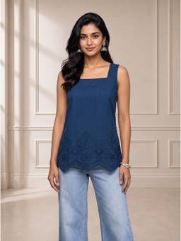 Gahan - Delicate Lace Detailing Solid Pure Cotton Navy Blue Kurti