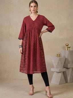 Gahan - Womens Red Ethnic Motifs Printed Kurta