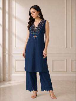 Gahan - Womens Chikankari Embroidered Cotton Kurta with Scallop Hem Palazzo